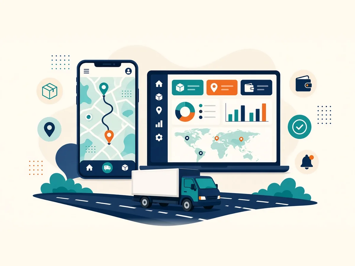 اپلیکیشن اعلام بار روی موبایل راننده و پنل مدیریت باربری روی لپ‌تاپ با نقشه مسیر محموله