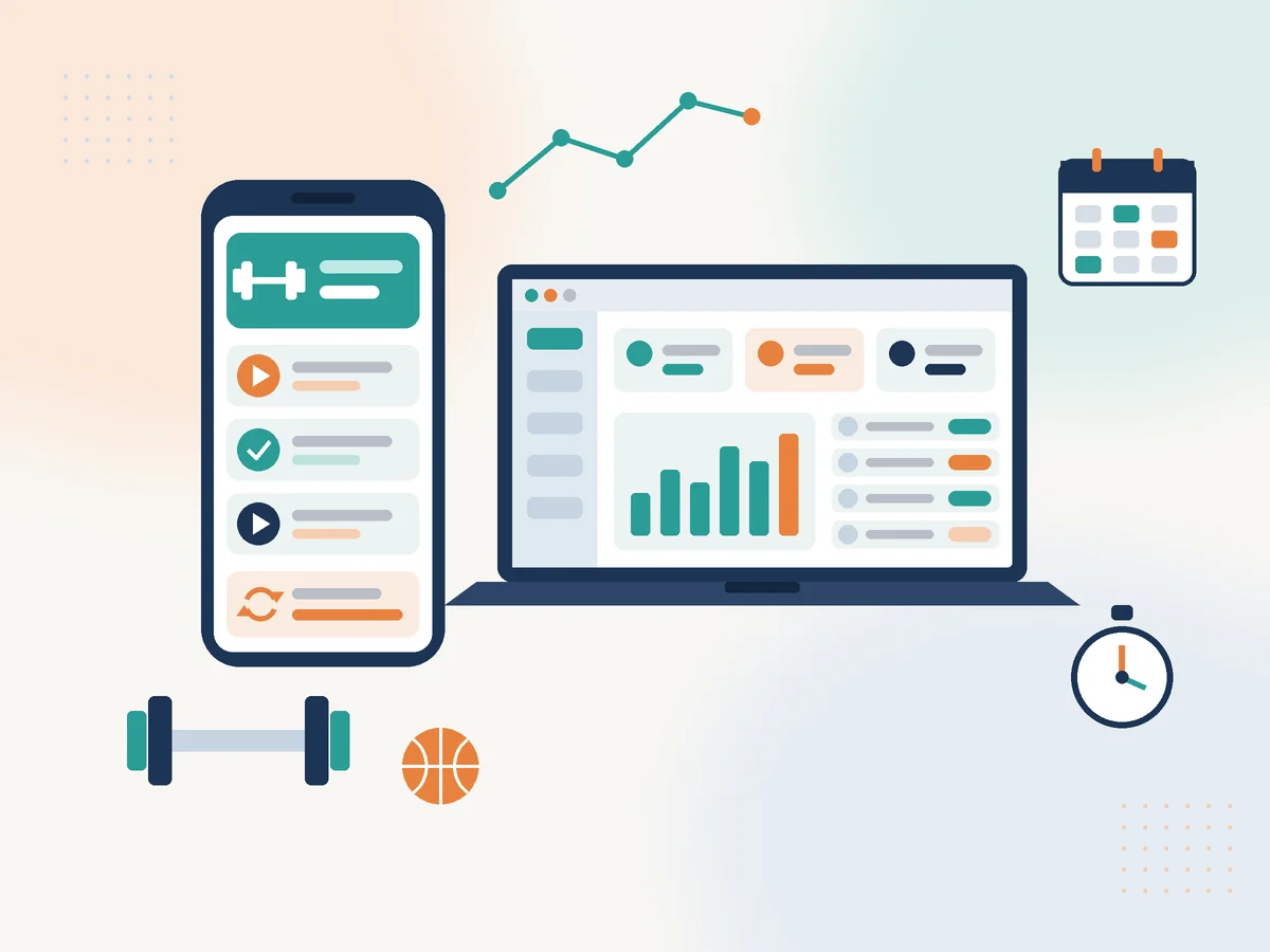 اپلیکیشن باشگاه ورزشی روی موبایل با برنامه تمرینی و تمدید عضویت، و پنل مدیریت باشگاه روی لپ‌تاپ
