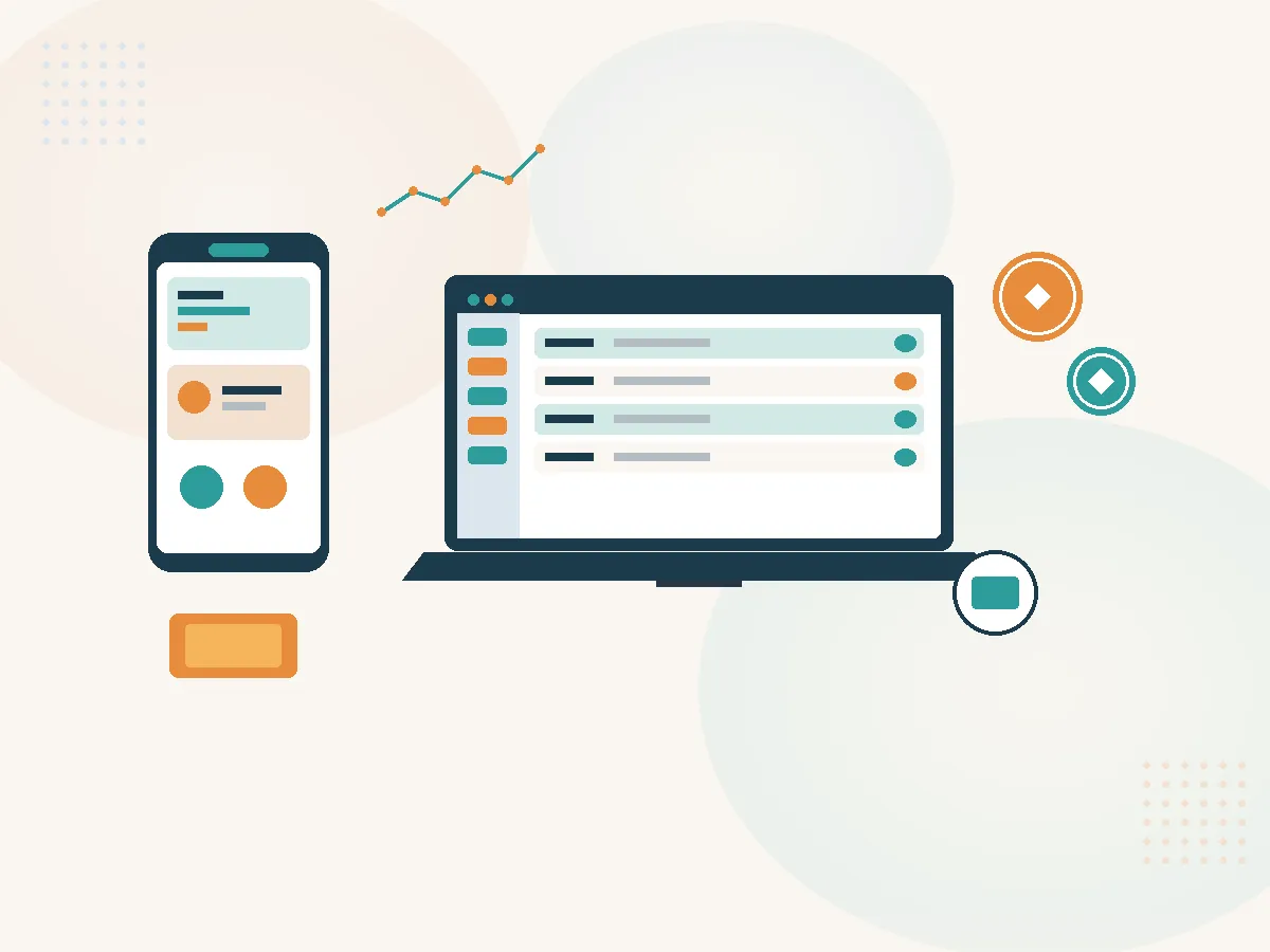 اپلیکیشن خرید و فروش طلا روی موبایل با تابلوی قیمت و کیف پول، و پنل مدیریت صرافی روی لپ‌تاپ